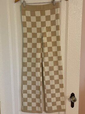 Belle the Label Checkered Knit Pants Tan Cream Checkerboard Straight Leg M